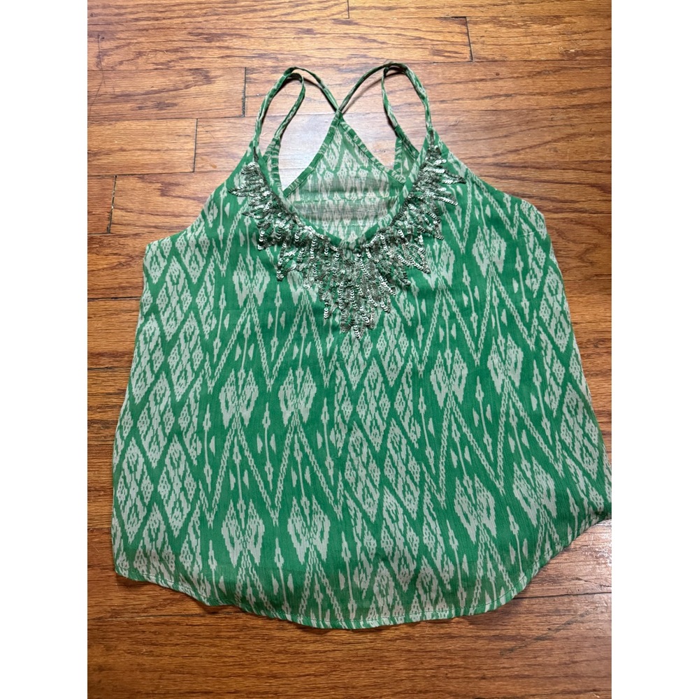 Ecote Urban Outfitters Green Ikat Sequin Tank Top Small Geometric Cami Strappy